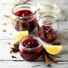 Homemade cherry jam with lemon and cinnamon