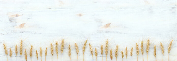 Draufsicht auf Weizenkulturen auf weißem Holzhintergrund. Symbole des jüdischen Feiertags - Schawuot © tomertu