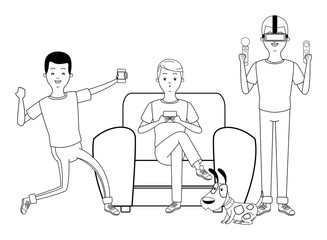 Millennial people gaming party black and white