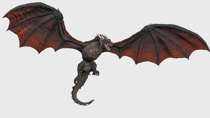 Dragon with fully opend wings hanging in air white background isolated 3d illustration