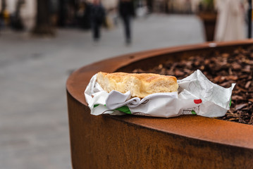 street food: the Genoese flat bread seasoned with oil and salt; is called focaccia