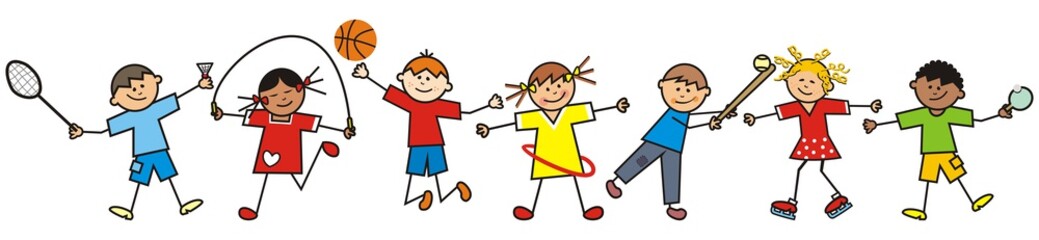 Happy kids and sports equipment, funny vector illustration