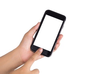 The woman's hand is holding the phone in his hand. The phone has a white screen.