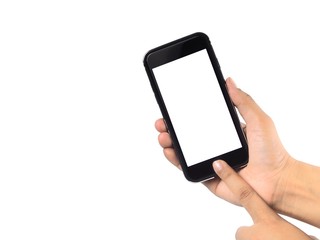 The woman's hand is holding the phone in his hand. The phone has a white screen.