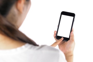 The woman's hand is holding the phone in his hand. The phone has a white screen.