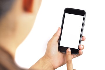 The woman's hand is holding the phone in his hand. The phone has a white screen.