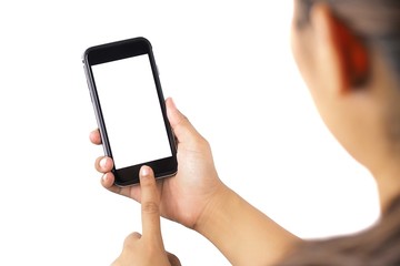 The woman's hand is holding the phone in his hand. The phone has a white screen.