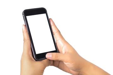 The woman's hand is holding the phone in his hand. The phone has a white screen.
