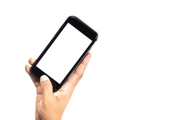 The woman's hand is holding the phone in his hand. The phone has a white screen.