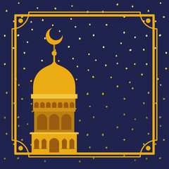 frame with golden mosque building with stars sky