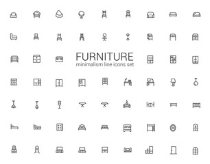 Furniture and fittings for interiors, light and mirrors. Minimalism symbols. Line icons set.