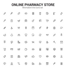 Pharmacy and clinic, medicine and health, drugs for the treatment of diseases. Minimalism vector symbols. Line icons set.