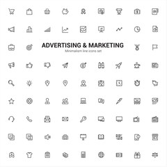 Advertising, business and marketing, promotion and investment. Minimalism symbols. Line icons set.