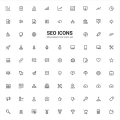 Seo, promotion on the Internet, promotion of web sites. Minimalism symbols. Line icons set.