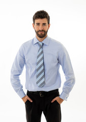 Attractive confident happy and successful young businessman corporate executive isolated in white