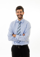 Half-length portrait of attractive stylish and successful businessman smiling with confidence