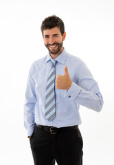 Portrait of attractive stylish and successful businessman smiling with thumbs up gesture