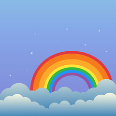 Rainbow in the night sky with clouds and stars cartoon vector illustration.Nature colorful rainbow on clouds