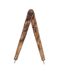 ancient mathematical wooden dividers on  white background,vintage compass
