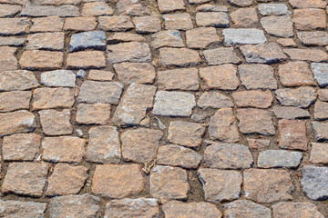 Cobblestone road close without grass, background, texture