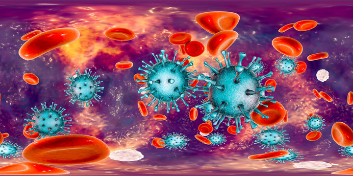 Cytomegaloviruses CMV in human blood, 360-degree spherical panorama, 3D illustration. A DNA virus from Herpesviridae family, mostly causes diseases in newborns and immunocompromised patients