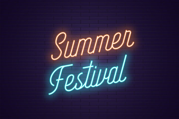 Neon lettering of Summer Festival. Glowing text