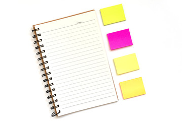 Note paper, open notepad, blank multicolored paper blocks for notes on white. Concept of study, planning copy space
