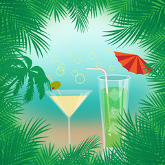  summer background with palm trees, beach ,sea,cocktails framed with palm branches