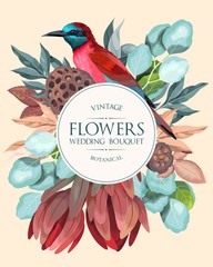 Vector vintage card with flowers and bird