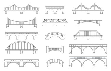 Set of different bridges. Isolated on white background. Black and white.  Line art. Vector illustration.