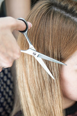 Haircutting process in the hairdresser. woman in the salon smoothes her hair. Hands with scissors. Stock photos for design