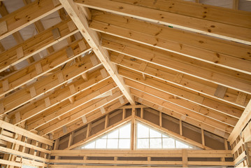 Interior view of a wooden roof structure