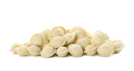 Heap of raw meat dumplings on white background
