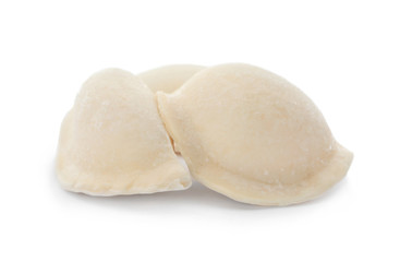 Fototapeta na wymiar Raw dumplings with tasty filling on white background