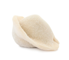 Raw dumpling with tasty filling on white background