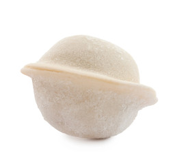 Raw dumpling with tasty filling on white background