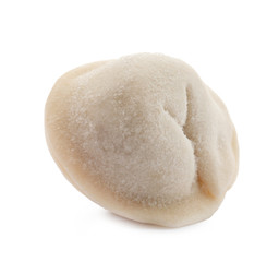 Fototapeta na wymiar Raw dumpling with tasty filling on white background