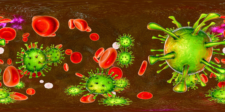Cytomegaloviruses CMV in human blood, 360-degree spherical panorama, 3D illustration. A DNA virus from Herpesviridae family, mostly causes diseases in newborns and immunocompromised patients