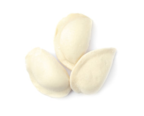 Raw dumplings on white background, top view
