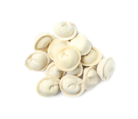 Pile of raw dumplings on white background, top view