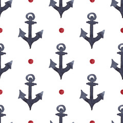 Anchor in indigo color painting. Watercolor art drawing. Sea blue colour. Ocean symbol . Seamless pattern for fabric, textile, background, decoration kid illustration. silhouette element for design.