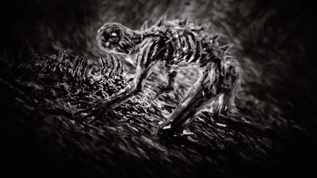 Scary zombie stands on all fours and chews on his victim. Gloomy background with skulls and bones on ground. Fiction   horror genre animation. Black and white colors.