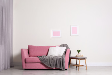 Cozy living room interior with sofa, pillow and plaid near light wall. Space for text