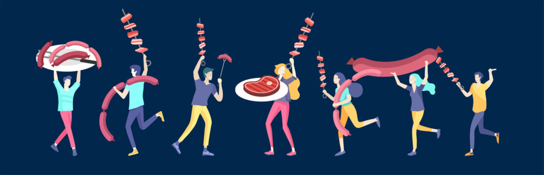 People preparing barbecue. BBQ party. People grilling meat. Conceptual Modern and Trendy colorful vector illustration. Web template.