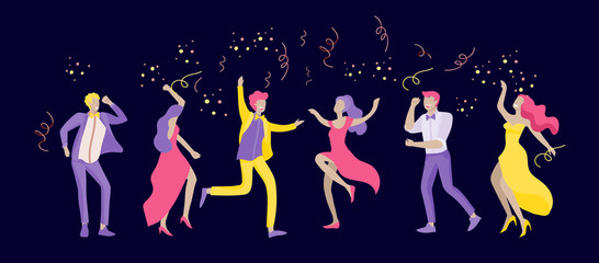 Group of smiling young people or students in evening dresses and tuxedos, happy Jumping and dansing. Prom party, prom night invitation, promenade school dance concept. Vector illustration concept © merfin