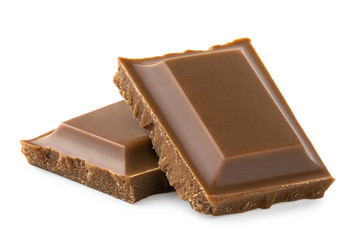 Two squares of milk chocolate isolated on white. Rough edges.