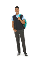 Full length portrait of African-American boy in school uniform with backpack on white background