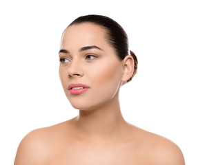 Portrait of young woman with beautiful face and natural makeup on white background