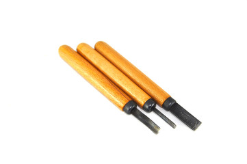 Wood carving tool on white background close up