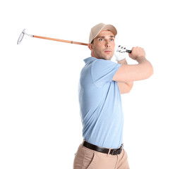 Young man playing golf on white background